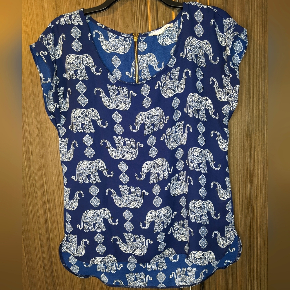 Pink Republic Navy and White Elephant Blouse, Medium